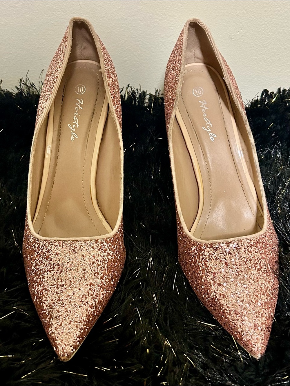 Herstyle Rose Gold Glitter Pointed Toe Heels